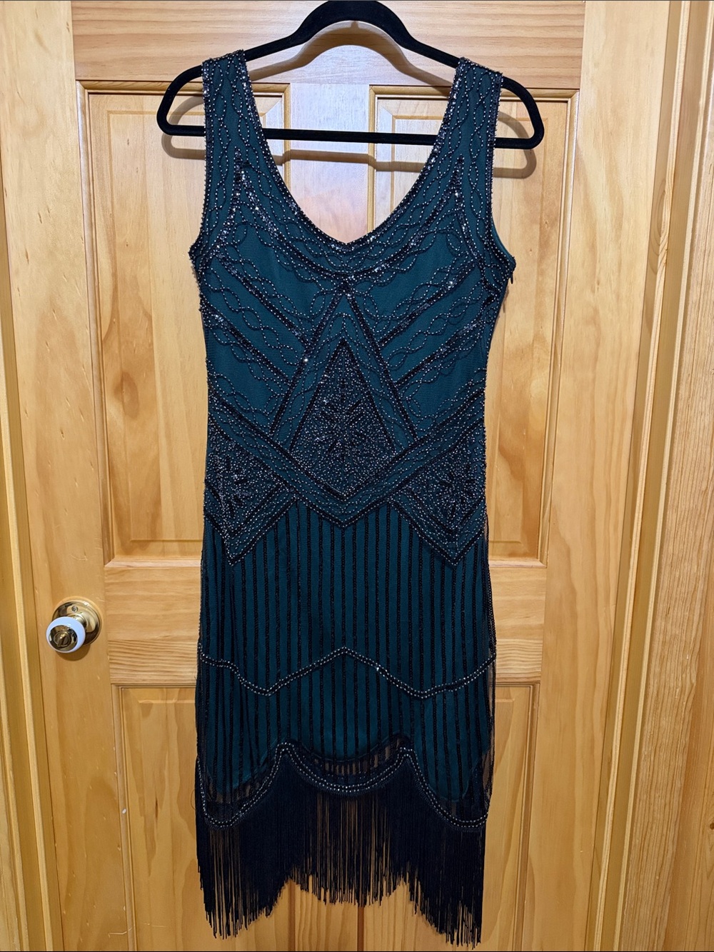 Beaded Teal Sequin Fringe Sleeveless Flapper Gatsby Dress, Size Medium.